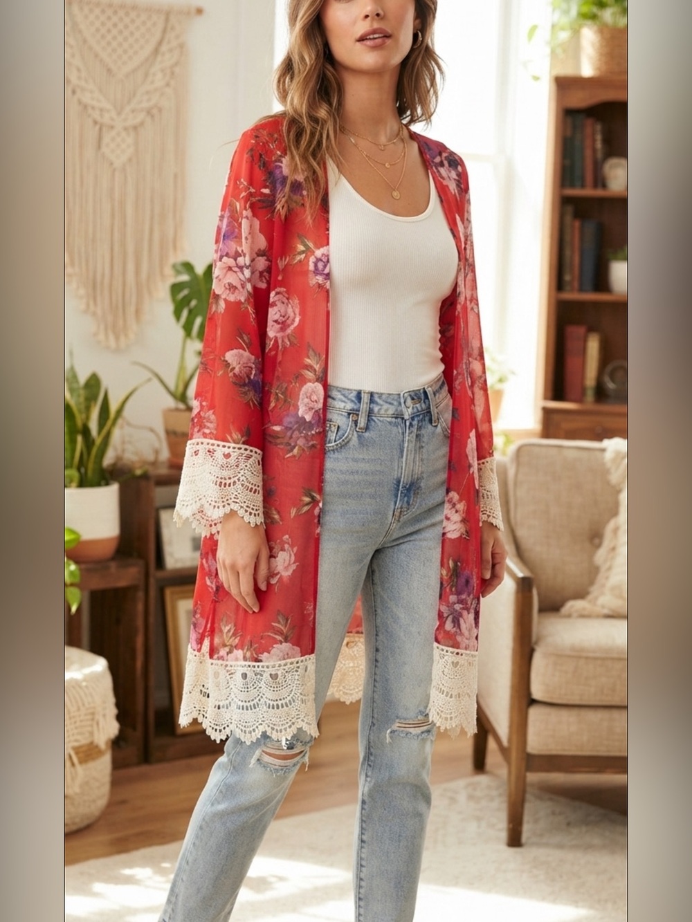 Rewind Red Floral Kimono/Cardigan with Crotchet Trim - L